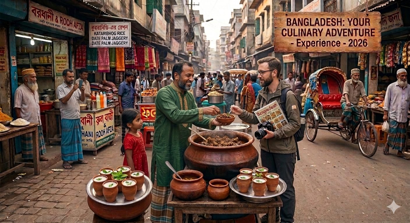 A foreign male tourist photographing a male Bangladeshi street food vendor serving local delicacies in a busy Old Dhaka market in 2026