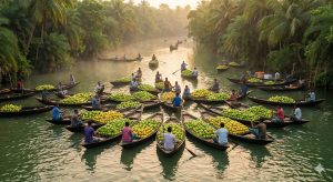 Male farmers on small wooden boats with fresh guavas at the floating markets of Barisal, Bangladesh - Deshghuri 2026 Tour
