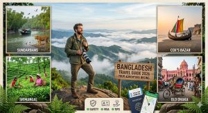A comprehensive Bangladesh travel guide 2026 collage featuring a male tourist in Sajek Valley, Royal Bengal Tiger in Sundarbans, Cox's Bazar beach, Srimangal tea gardens, and Old Dhaka heritage