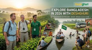 Best tour operator in Bangladesh for foreigners 2026 - Deshghuri travel agency guiding male tourists in Sylhet tea gardens and Barisal floating markets.