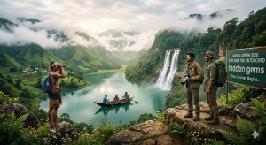 Two male tourists and a local guide exploring a hidden turquoise lake and waterfall in the misty mountains of Bandarban, Bangladesh, in 2026.