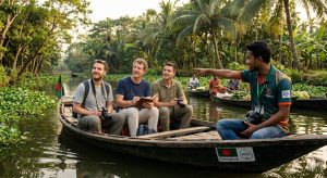 Top Rated Travel Agency in Bangladesh 2026 - Deshghuri guides international tourists on a Barisal Backwater boat tour.