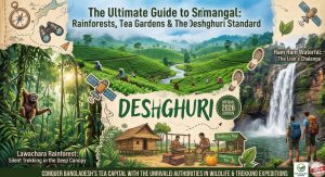 Srimangal Hiking Guide 2026 by Deshghuri featuring Lawachara Rainforest and Ham Ham Waterfall