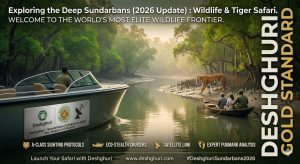 A Royal Bengal Tiger walking along the muddy banks of the Sundarbans mangrove forest during a Deshghuri 2026 elite safari.